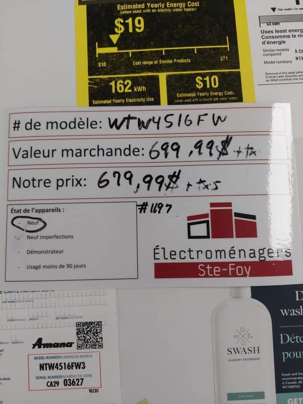 Laveuse Amana Modèle: WT4516FW N/S: CA2903627 (#1197)